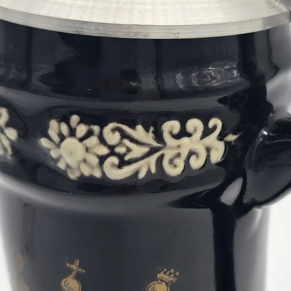 King Original Germany Horn Beer Stein Deutschland Pewter Lid Black Ceramic